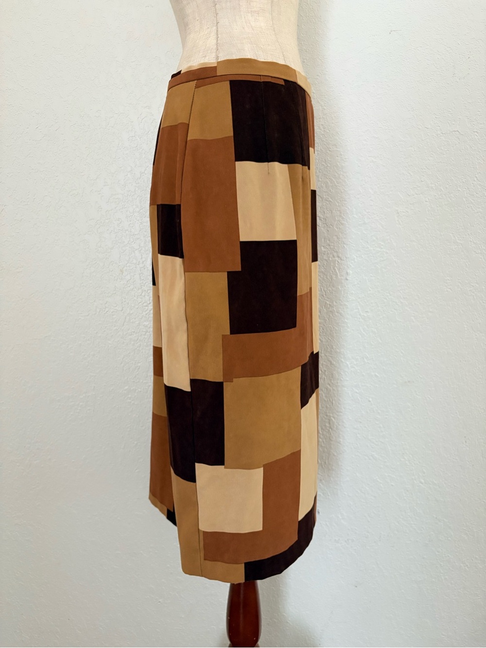 VTG 90s Y2k Brown Patchwork Geometric Midi Straight Skirt Brown Tan 16 - Picture 3 of 14